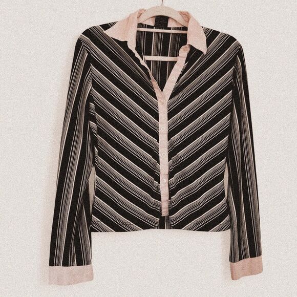 Y2K Vintage Chevron Stripe Baby Pink + Black Stretch Button Down k fashion xl - Picture 1 of 8
